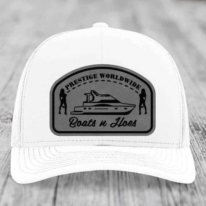Prestige Worldwide, Boats and Hoes - Leather Patch Hat - Grey to Black Patch - Richardson 112 Snapback Trucker Hat