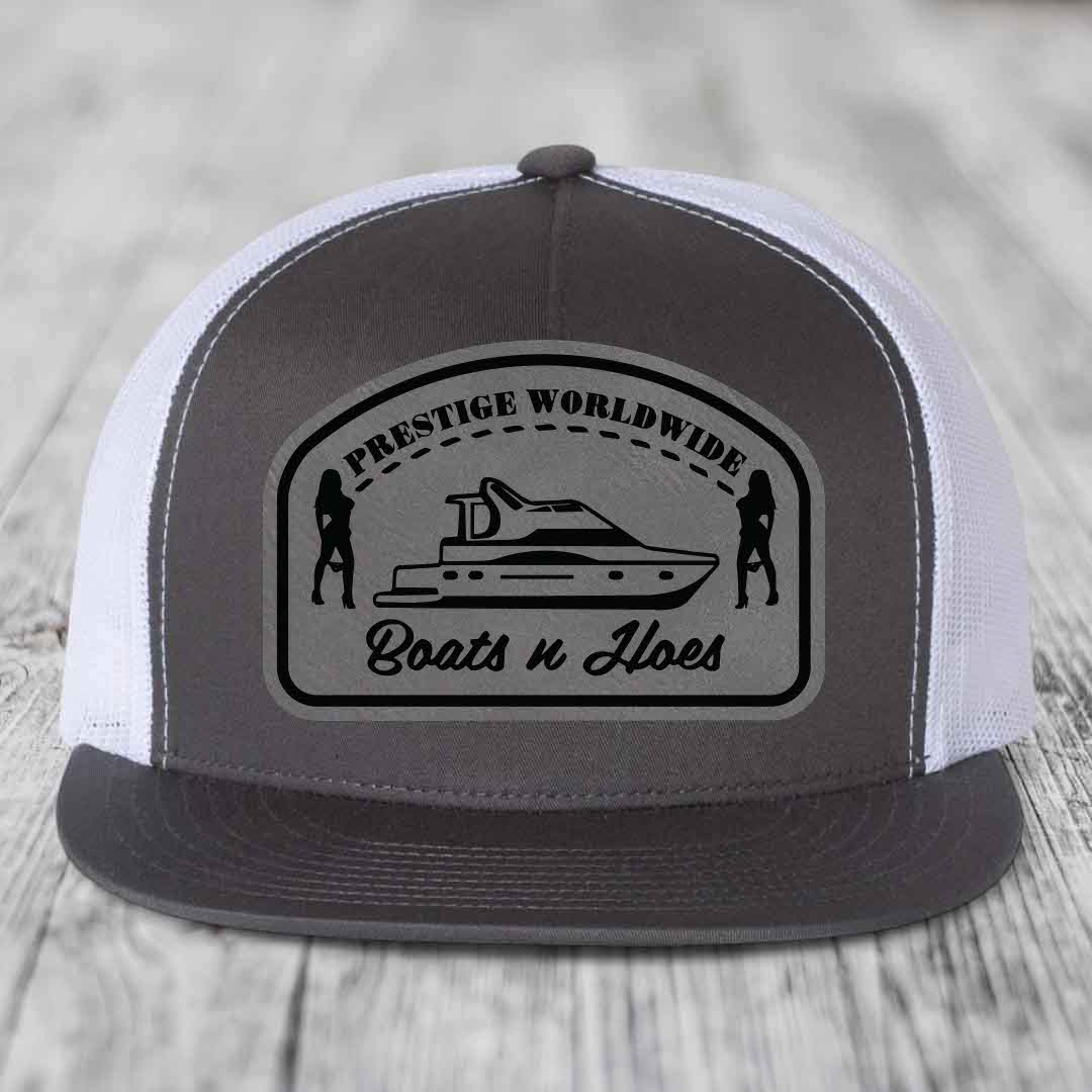 Prestige Worldwide, Boats and Hoes - Leather Patch Hat - Grey to Black Patch - Yupoong 6006 Snapback Flatbill Hat