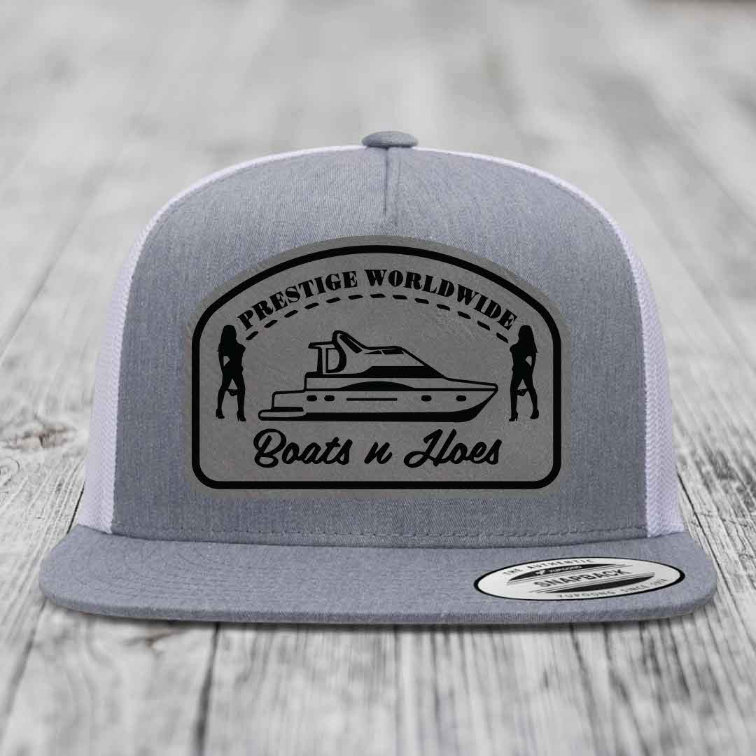 Prestige Worldwide, Boats and Hoes - Leather Patch Hat - Grey to Black Patch - Yupoong 6006 Snapback Flatbill Hat