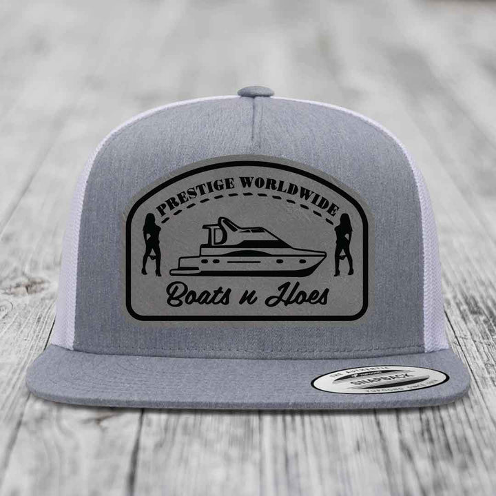 Prestige Worldwide, Boats and Hoes - Leather Patch Hat - Grey to Black Patch - Yupoong 6006 Snapback Flatbill Hat