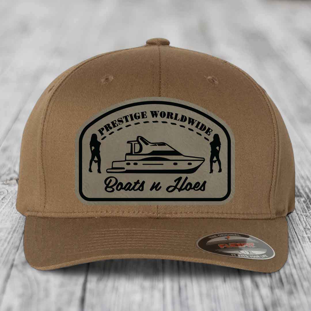 Prestige Worldwide, Boats and Hoes - Leather Patch Hat - Light Brown to Black Patch - Flexfit 6277 Fitted Hat