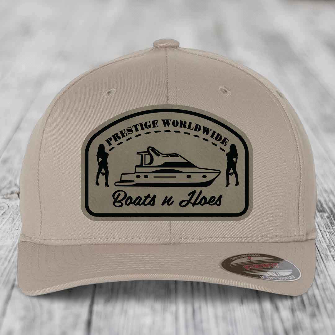Prestige Worldwide, Boats and Hoes - Leather Patch Hat - Light Brown to Black Patch - Flexfit 6277 Fitted Hat
