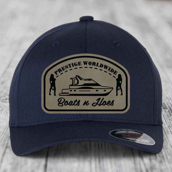 Prestige Worldwide, Boats and Hoes - Leather Patch Hat - Light Brown to Black Patch - Flexfit 6277 Fitted Hat