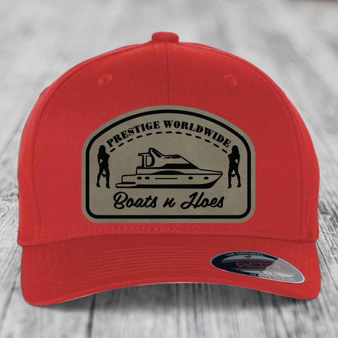Prestige Worldwide, Boats and Hoes - Leather Patch Hat - Light Brown to Black Patch - Flexfit 6277 Fitted Hat