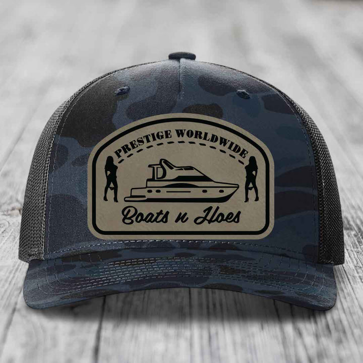 Prestige Worldwide, Boats and Hoes - Leather Patch Hat - Light Brown to Black Patch - Richardson 112PFP Snapback Trucker Hat