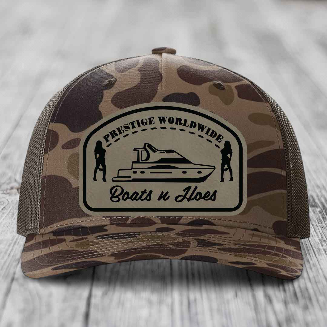 Prestige Worldwide, Boats and Hoes - Leather Patch Hat - Light Brown to Black Patch - Richardson 112PFP Snapback Trucker Hat