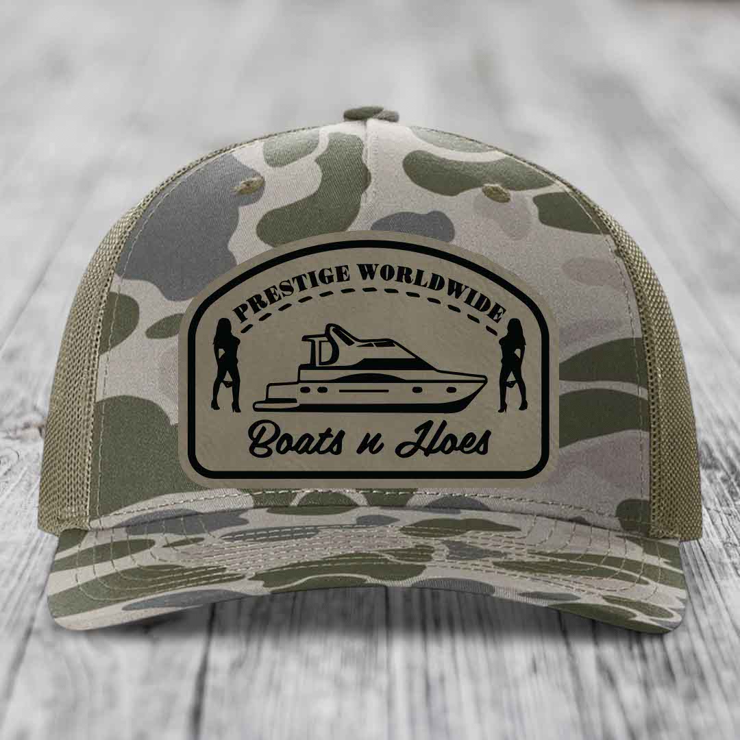 Prestige Worldwide, Boats and Hoes - Leather Patch Hat - Light Brown to Black Patch - Richardson 112PFP Snapback Trucker Hat