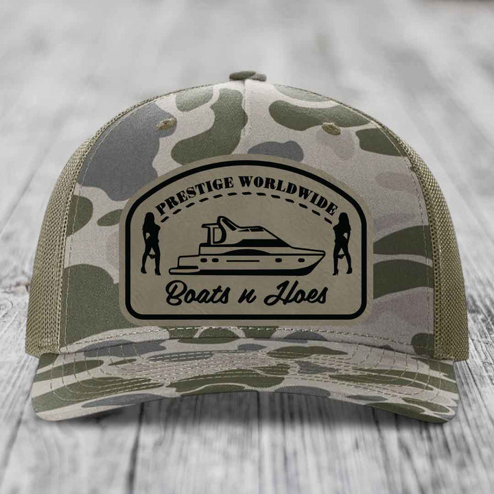Prestige Worldwide, Boats and Hoes - Leather Patch Hat - Light Brown to Black Patch - Richardson 112PFP Snapback Trucker Hat