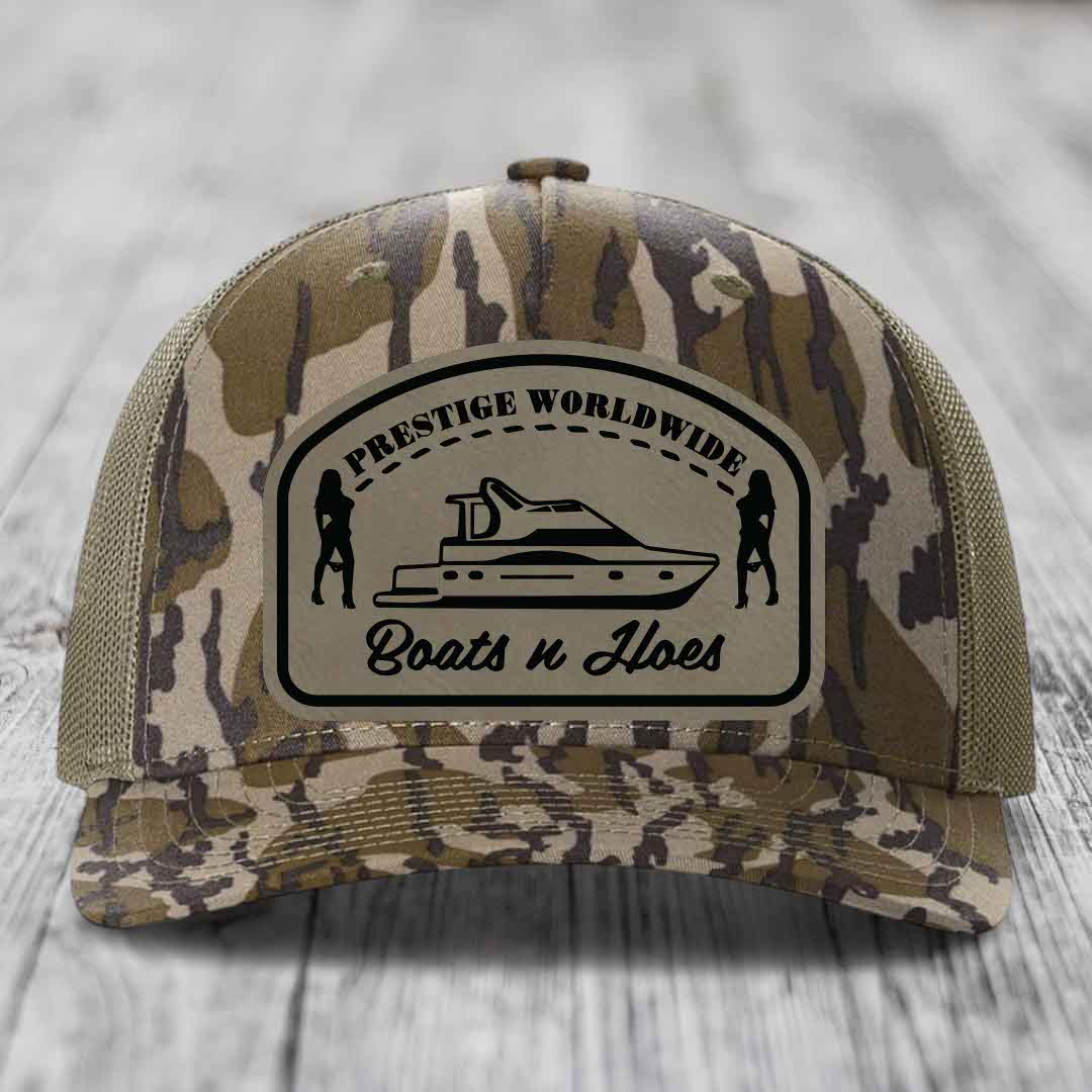 Prestige Worldwide, Boats and Hoes - Leather Patch Hat - Light Brown to Black Patch - Richardson 112PFP Snapback Trucker Hat