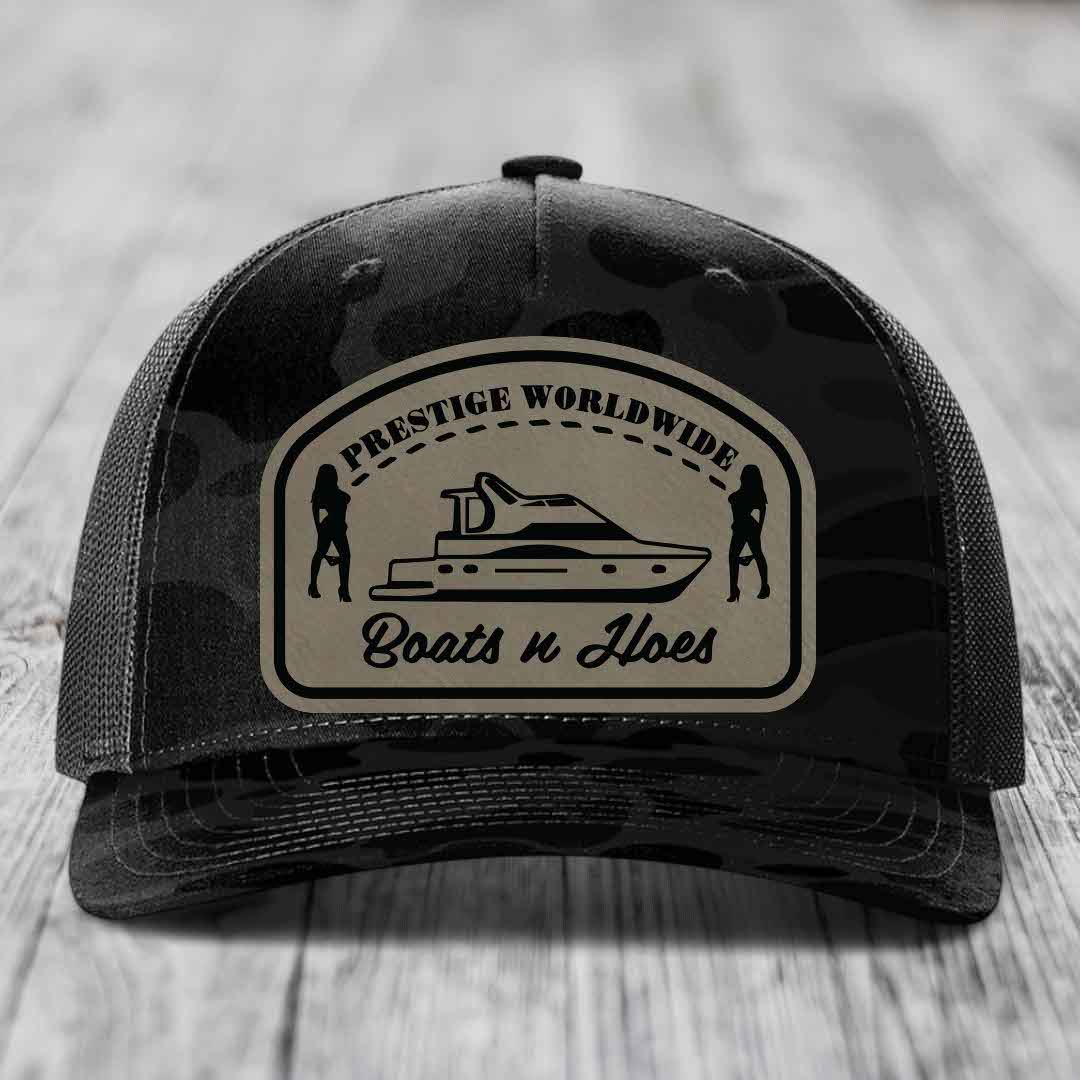 Prestige Worldwide, Boats and Hoes - Leather Patch Hat - Light Brown to Black Patch - Richardson 112PFP Snapback Trucker Hat
