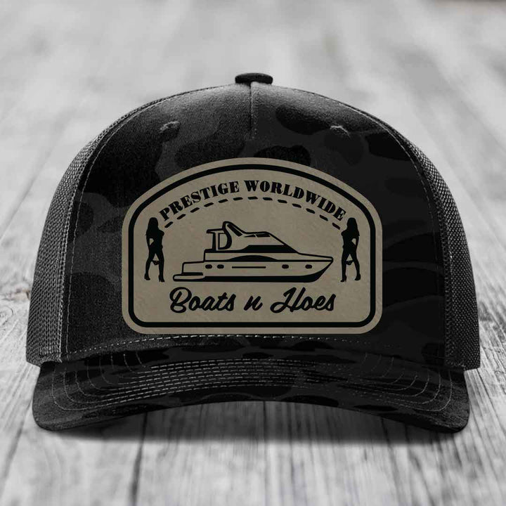 Prestige Worldwide, Boats and Hoes - Leather Patch Hat - Light Brown to Black Patch - Richardson 112PFP Snapback Trucker Hat