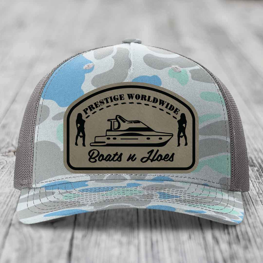 Prestige Worldwide, Boats and Hoes - Leather Patch Hat - Light Brown to Black Patch - Richardson 112PFP Snapback Trucker Hat