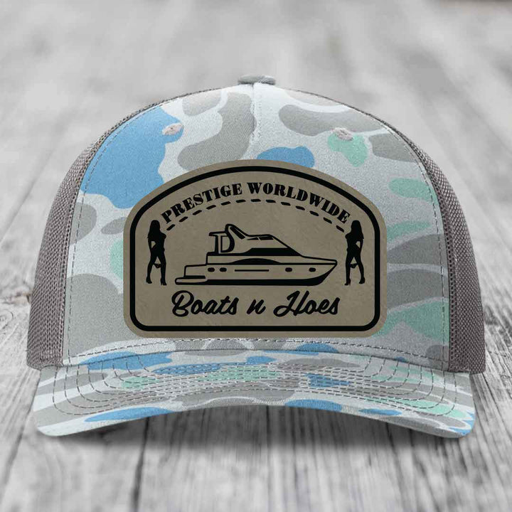 Prestige Worldwide, Boats and Hoes - Leather Patch Hat - Light Brown to Black Patch - Richardson 112PFP Snapback Trucker Hat