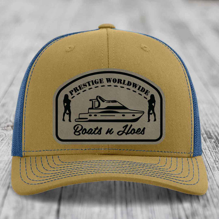 Prestige Worldwide, Boats and Hoes - Leather Patch Hat - Light Brown to Black Patch - Richardson 112 Snapback Trucker Hat