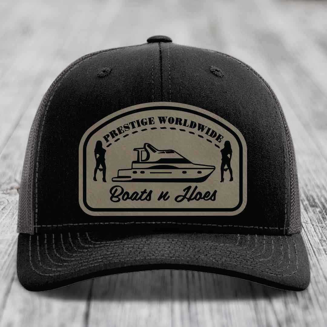 Prestige Worldwide, Boats and Hoes - Leather Patch Hat - Light Brown to Black Patch - Richardson 112 Snapback Trucker Hat