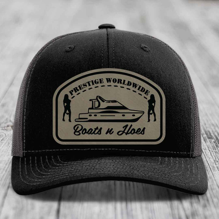 Prestige Worldwide, Boats and Hoes - Leather Patch Hat - Light Brown to Black Patch - Richardson 112 Snapback Trucker Hat