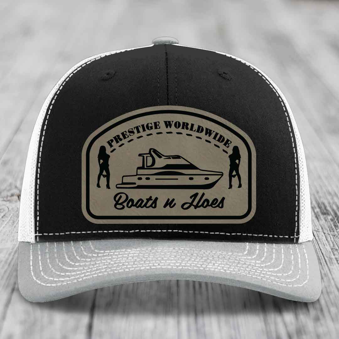Prestige Worldwide, Boats and Hoes - Leather Patch Hat - Light Brown to Black Patch - Richardson 112 Snapback Trucker Hat