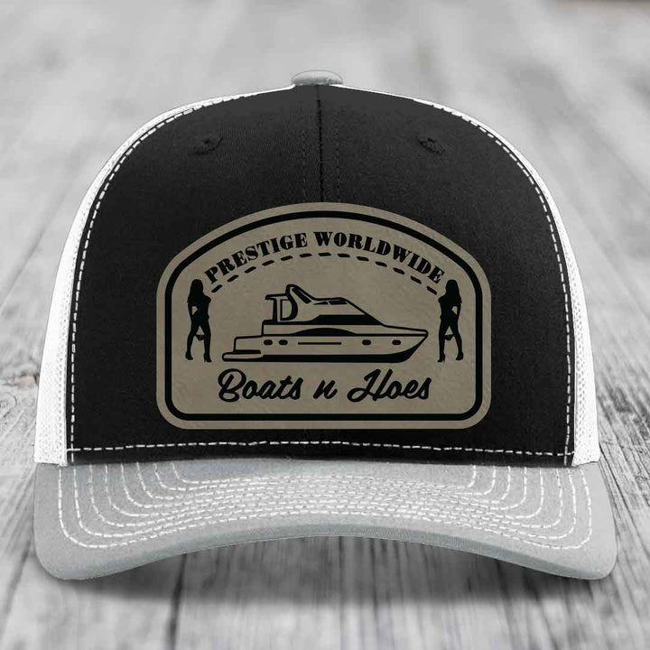 Prestige Worldwide, Boats and Hoes - Leather Patch Hat - Light Brown to Black Patch - Richardson 112 Snapback Trucker Hat