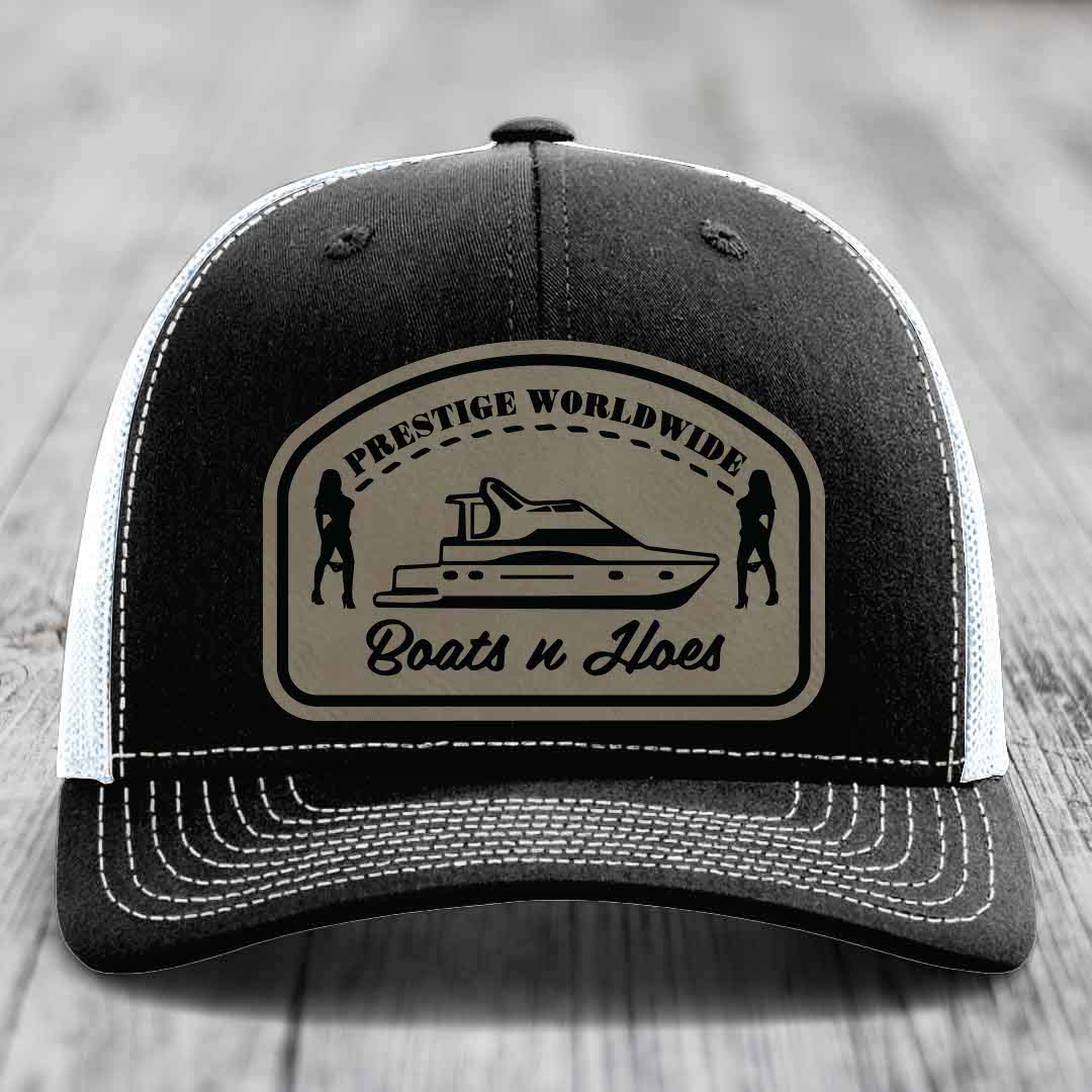 Prestige Worldwide, Boats and Hoes - Leather Patch Hat - Light Brown to Black Patch - Richardson 112 Snapback Trucker Hat
