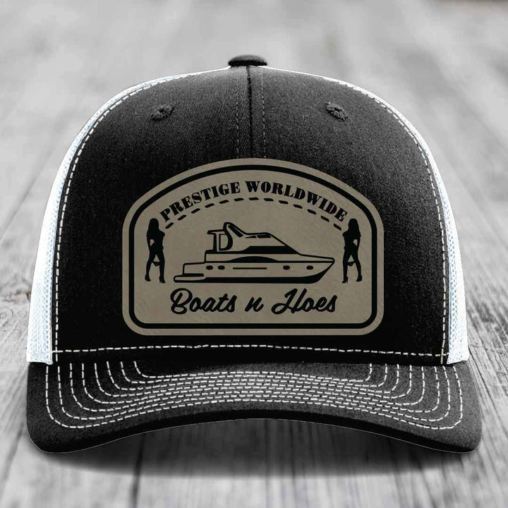 Prestige Worldwide, Boats and Hoes - Leather Patch Hat - Light Brown to Black Patch - Richardson 112 Snapback Trucker Hat