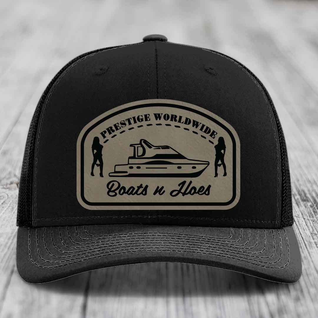 Prestige Worldwide, Boats and Hoes - Leather Patch Hat - Light Brown to Black Patch - Richardson 112 Snapback Trucker Hat