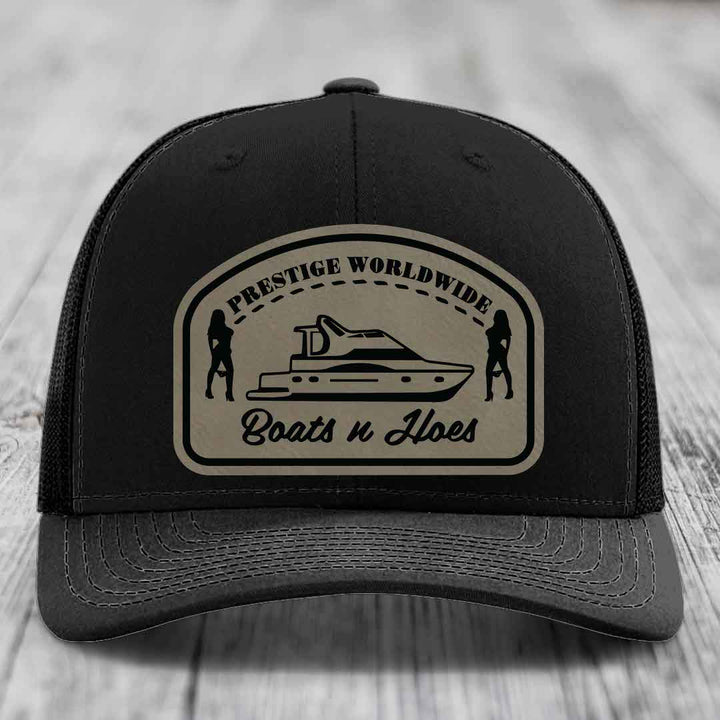 Prestige Worldwide, Boats and Hoes - Leather Patch Hat - Light Brown to Black Patch - Richardson 112 Snapback Trucker Hat