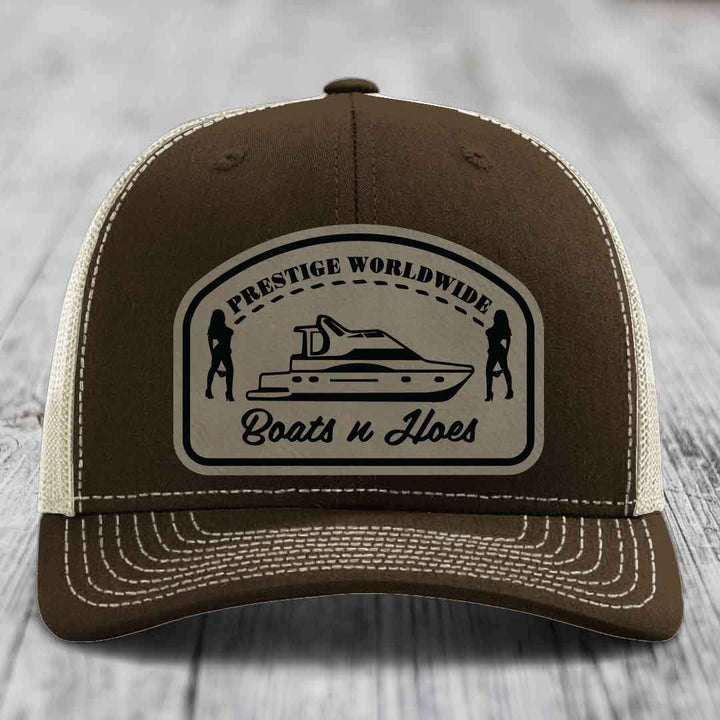 Prestige Worldwide, Boats and Hoes - Leather Patch Hat - Light Brown to Black Patch - Richardson 112 Snapback Trucker Hat