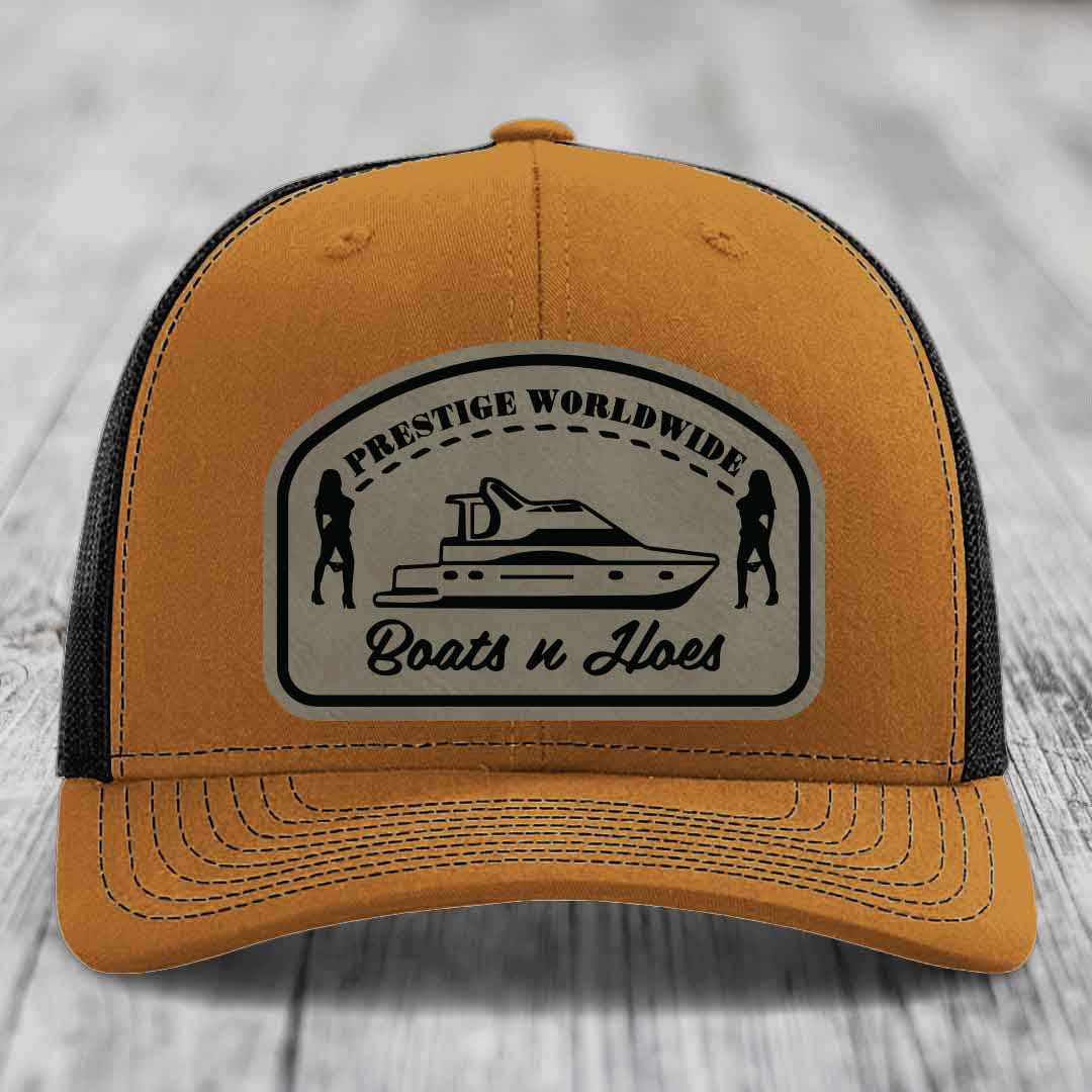 Prestige Worldwide, Boats and Hoes - Leather Patch Hat - Light Brown to Black Patch - Richardson 112 Snapback Trucker Hat