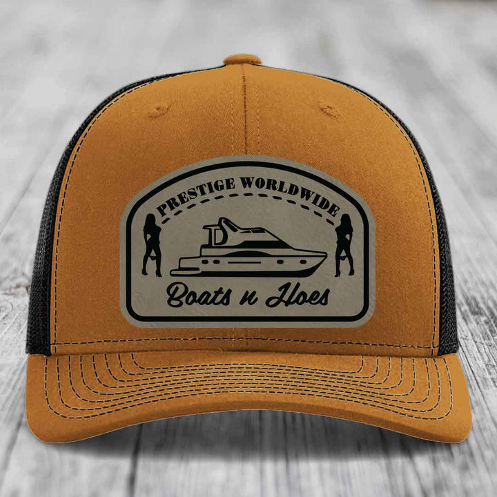 Prestige Worldwide, Boats and Hoes - Leather Patch Hat - Light Brown to Black Patch - Richardson 112 Snapback Trucker Hat