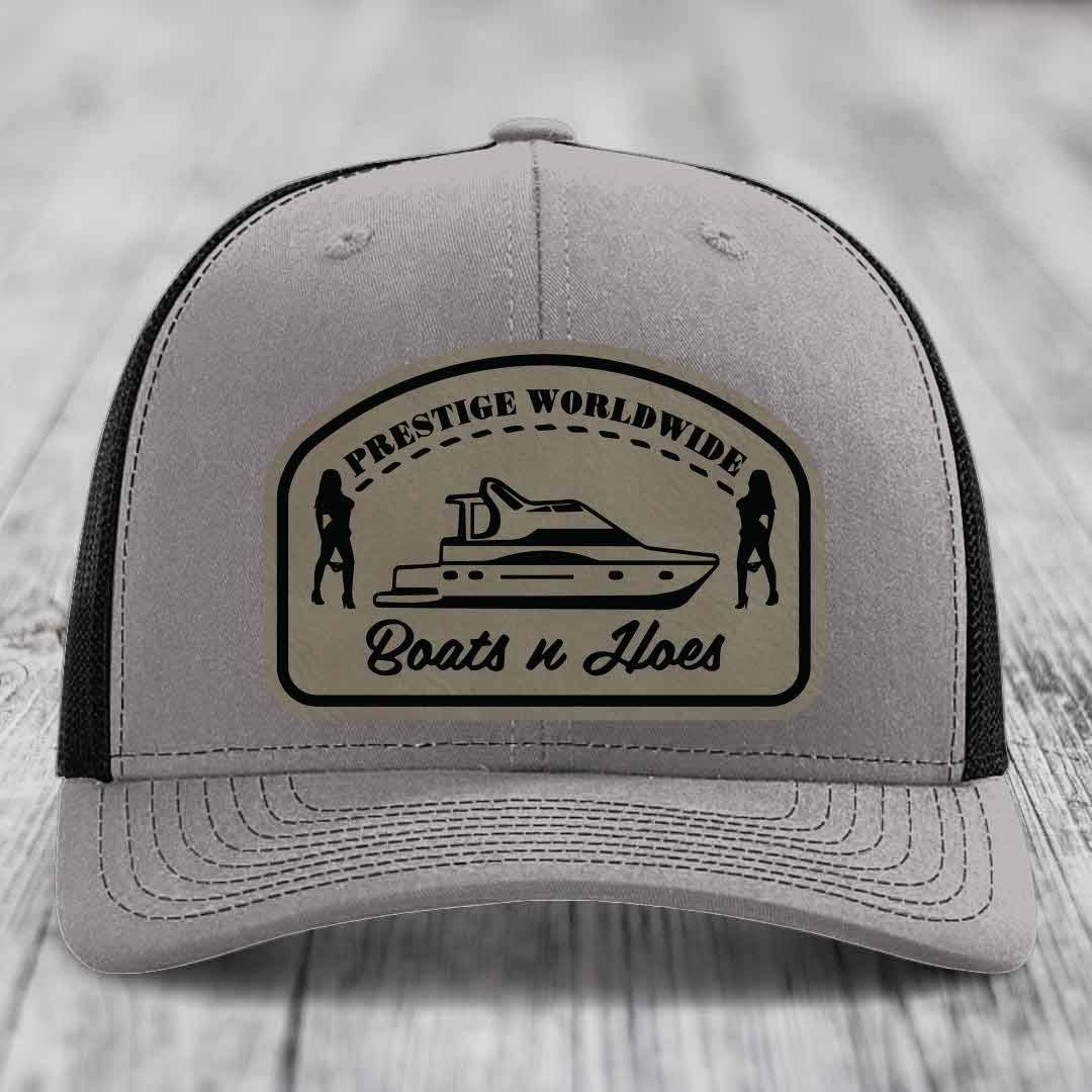 Prestige Worldwide, Boats and Hoes - Leather Patch Hat - Light Brown to Black Patch - Richardson 112 Snapback Trucker Hat