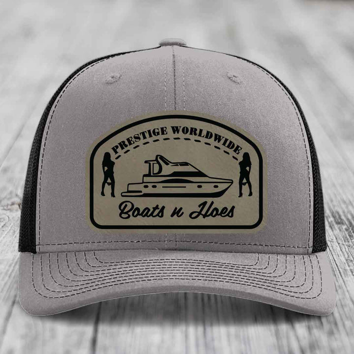 Prestige Worldwide, Boats and Hoes - Leather Patch Hat - Light Brown to Black Patch - Richardson 112 Snapback Trucker Hat