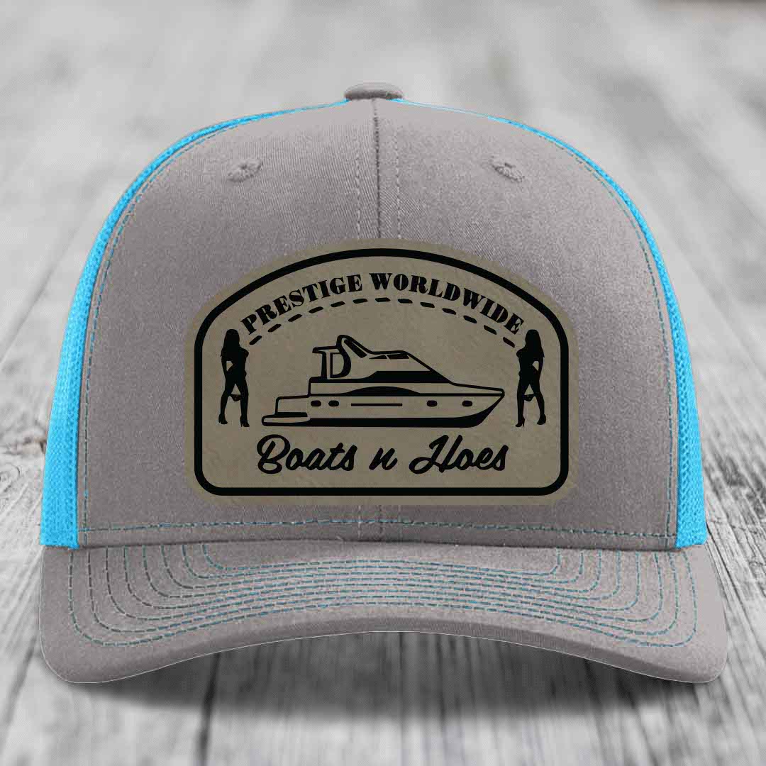 Prestige Worldwide, Boats and Hoes - Leather Patch Hat - Light Brown to Black Patch - Richardson 112 Snapback Trucker Hat