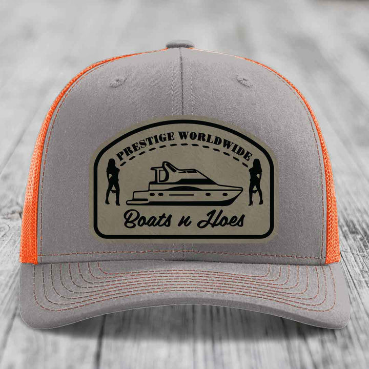 Prestige Worldwide, Boats and Hoes - Leather Patch Hat - Light Brown to Black Patch - Richardson 112 Snapback Trucker Hat