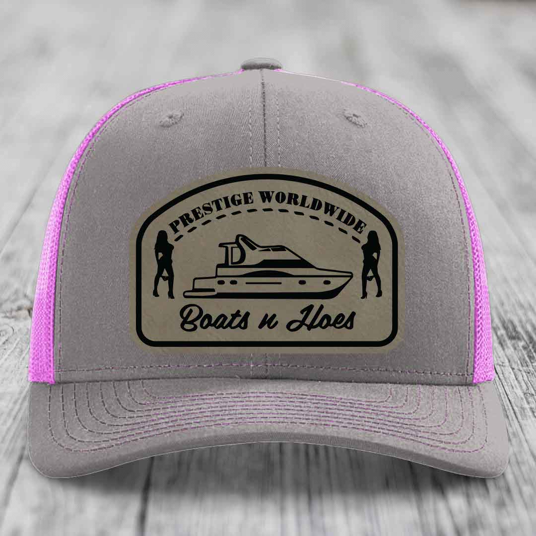 Prestige Worldwide, Boats and Hoes - Leather Patch Hat - Light Brown to Black Patch - Richardson 112 Snapback Trucker Hat