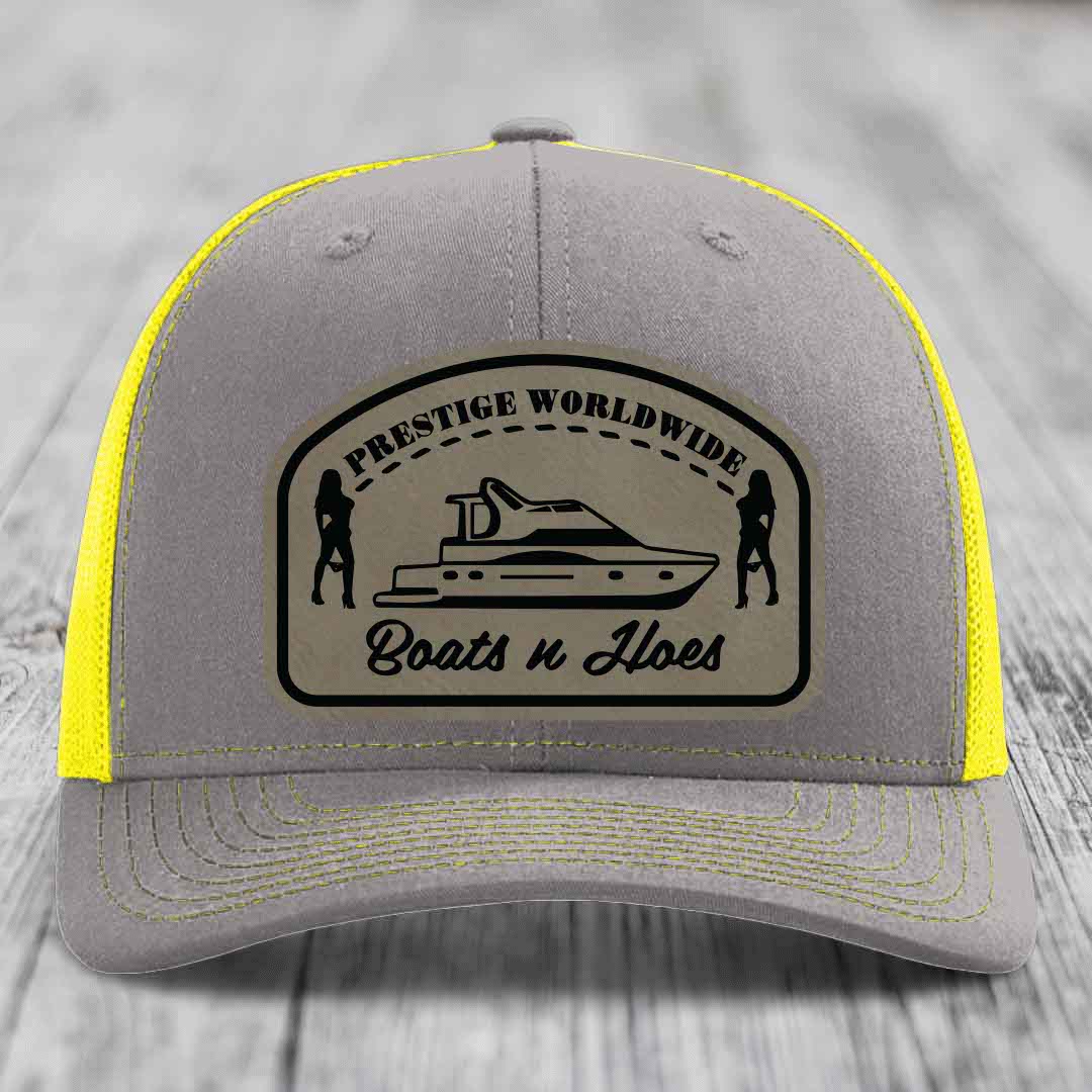 Prestige Worldwide, Boats and Hoes - Leather Patch Hat - Light Brown to Black Patch - Richardson 112 Snapback Trucker Hat