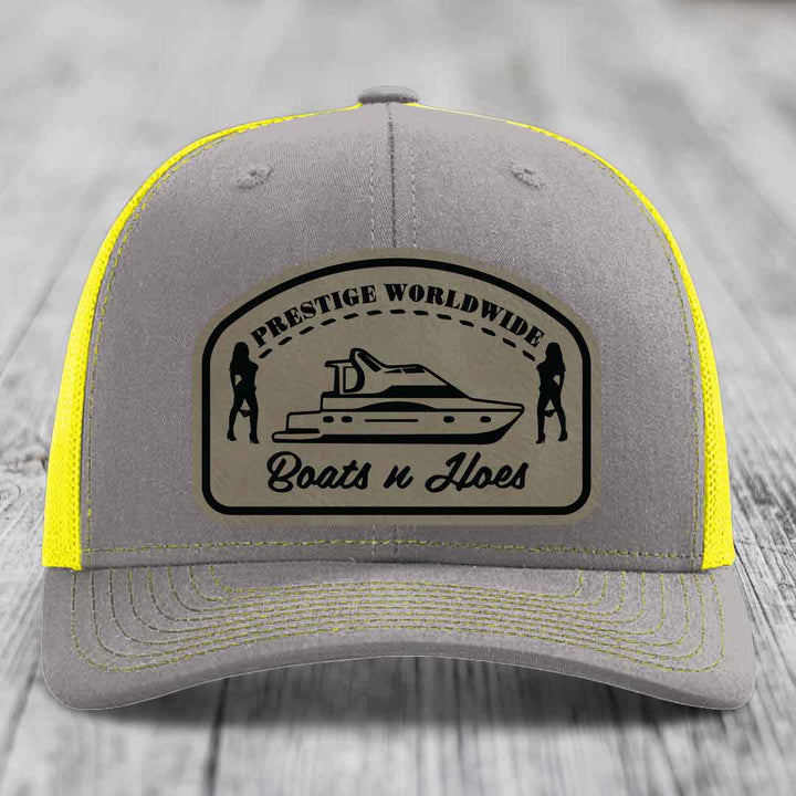 Prestige Worldwide, Boats and Hoes - Leather Patch Hat - Light Brown to Black Patch - Richardson 112 Snapback Trucker Hat