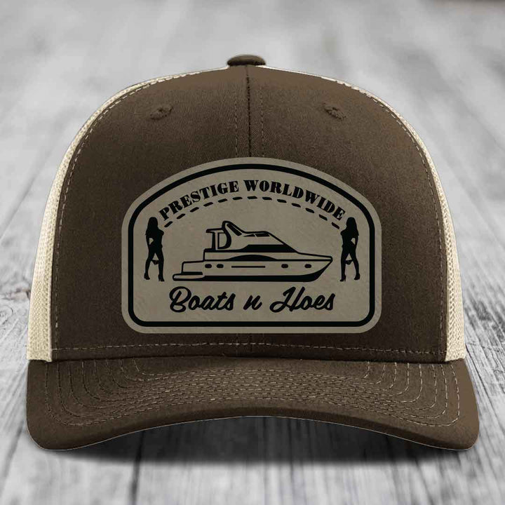 Prestige Worldwide, Boats and Hoes - Leather Patch Hat - Light Brown to Black Patch - Richardson 112 Snapback Trucker Hat