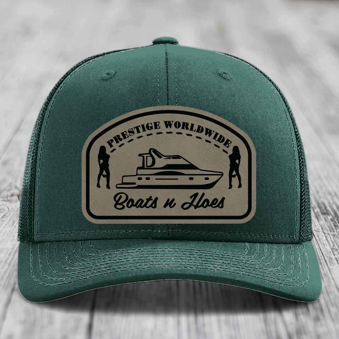 Prestige Worldwide, Boats and Hoes - Leather Patch Hat - Light Brown to Black Patch - Richardson 112 Snapback Trucker Hat