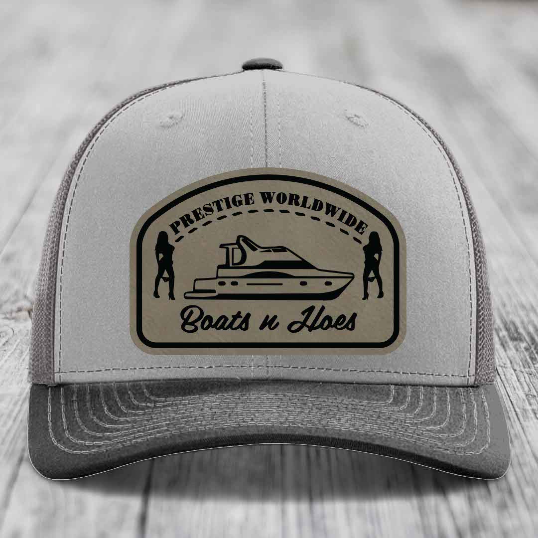 Prestige Worldwide, Boats and Hoes - Leather Patch Hat - Light Brown to Black Patch - Richardson 112 Snapback Trucker Hat