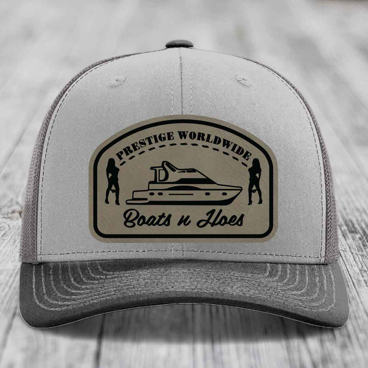 Prestige Worldwide, Boats and Hoes - Leather Patch Hat - Light Brown to Black Patch - Richardson 112 Snapback Trucker Hat