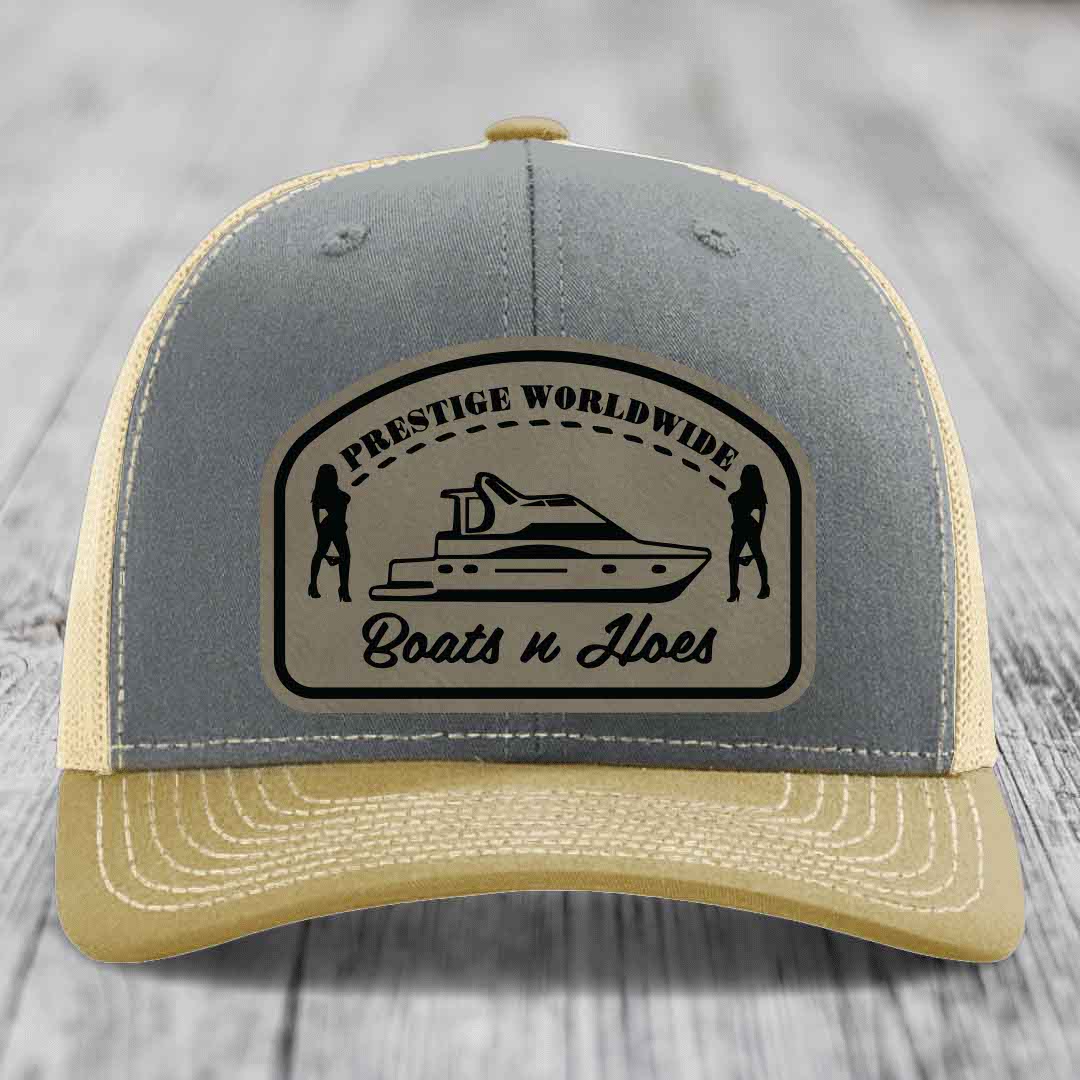 Prestige Worldwide, Boats and Hoes - Leather Patch Hat - Light Brown to Black Patch - Richardson 112 Snapback Trucker Hat