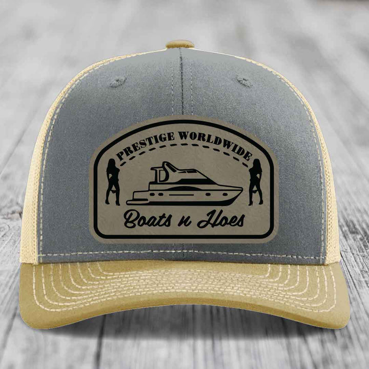 Prestige Worldwide, Boats and Hoes - Leather Patch Hat - Light Brown to Black Patch - Richardson 112 Snapback Trucker Hat