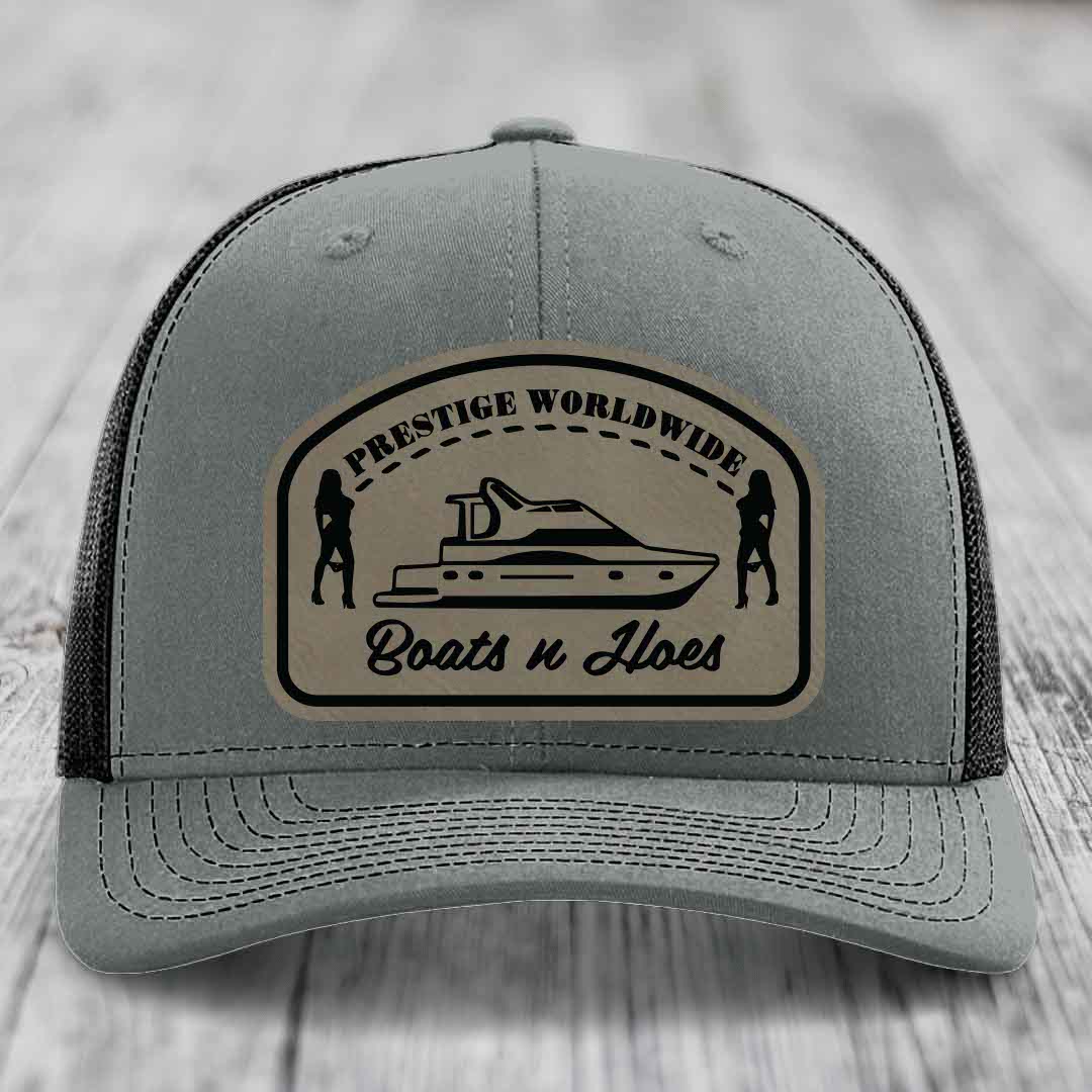Prestige Worldwide, Boats and Hoes - Leather Patch Hat - Light Brown to Black Patch - Richardson 112 Snapback Trucker Hat