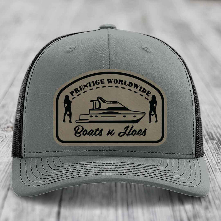 Prestige Worldwide, Boats and Hoes - Leather Patch Hat - Light Brown to Black Patch - Richardson 112 Snapback Trucker Hat