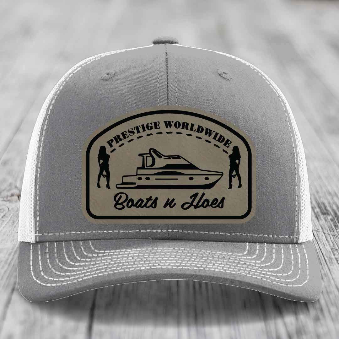 Prestige Worldwide, Boats and Hoes - Leather Patch Hat - Light Brown to Black Patch - Richardson 112 Snapback Trucker Hat