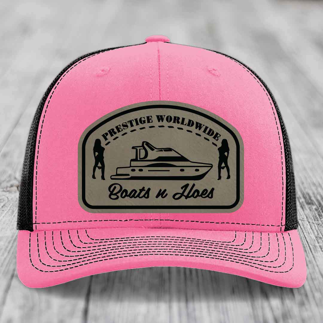 Prestige Worldwide, Boats and Hoes - Leather Patch Hat - Light Brown to Black Patch - Richardson 112 Snapback Trucker Hat