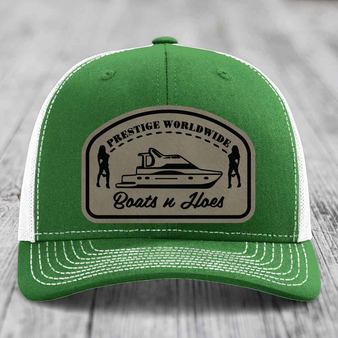 Prestige Worldwide, Boats and Hoes - Leather Patch Hat - Light Brown to Black Patch - Richardson 112 Snapback Trucker Hat