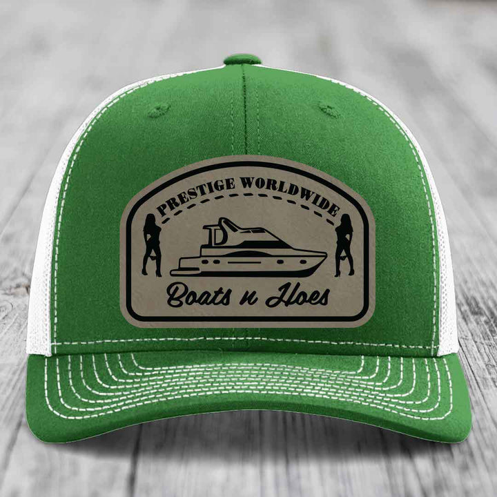Prestige Worldwide, Boats and Hoes - Leather Patch Hat - Light Brown to Black Patch - Richardson 112 Snapback Trucker Hat