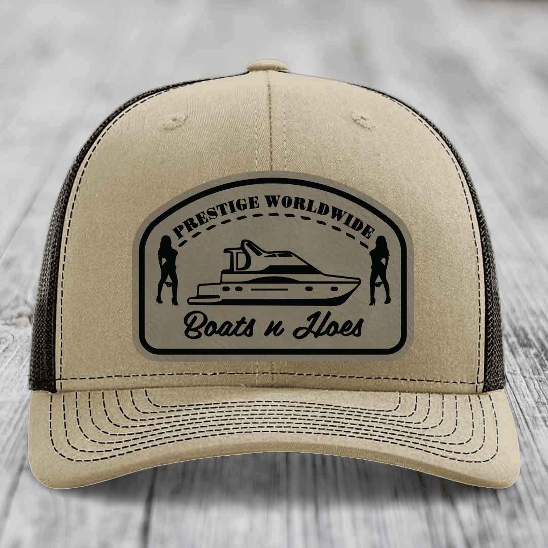 Prestige Worldwide, Boats and Hoes - Leather Patch Hat - Light Brown to Black Patch - Richardson 112 Snapback Trucker Hat