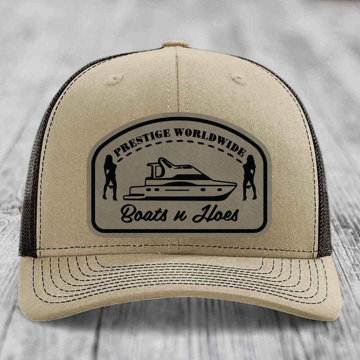 Prestige Worldwide, Boats and Hoes - Leather Patch Hat - Light Brown to Black Patch - Richardson 112 Snapback Trucker Hat